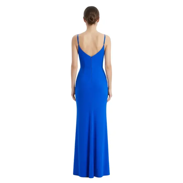 Detailed back view of the Elodie Ruched Jersey Mermaid Gown highlighting the V-back design with thin spaghetti straps and hidden zipper closure, emphasizing the smooth jersey fabric and fitted mermaid shape.