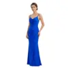 Front view of the Elodie Ruched Jersey Mermaid Gown in vibrant blue, featuring a draped cowl neckline, spaghetti straps, side ruching for a form-fitting silhouette, and a flared mermaid hem.