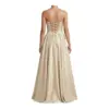 Back view of the Cécile Champagne Polyester Satin Ball Gown showcasing a dramatic lace-up corset back with criss-cross straps, natural waist tie, and flowing floor-length pleated skirt in shimmering champagne polyester satin.