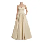 Front view of the Cécile Champagne Polyester Satin Ball Gown featuring a strapless sweetheart neckline, structured bodice with internal boning, natural waistband, and full pleated tulle-interlined skirt with convenient side pockets in a luxurious champagne hue.