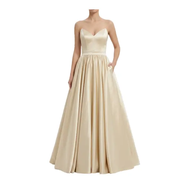 Front view of the Cécile Champagne Polyester Satin Ball Gown featuring a strapless sweetheart neckline, structured bodice with internal boning, natural waistband, and full pleated tulle-interlined skirt with convenient side pockets in a luxurious champagne hue.