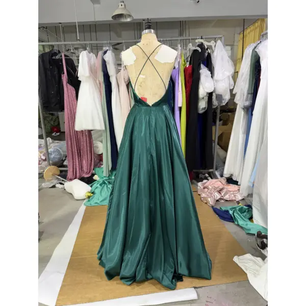 Back view of the Clelia Forest Polyester Satin ball gown showcasing an open back with elegant criss-cross spaghetti straps, a central zipper closure, and the full sweep of the voluminous tiered crinoline-supported skirt in lustrous forest green satin.