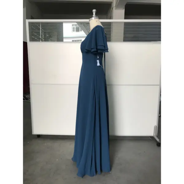 Clémence Dark Navy Chiffon Slit Dress with Pockets - Elegant Side Profile View