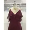 Capucine Wine Chiffon Ruffled V-Neck Gown - Bodice & Neckline Detail