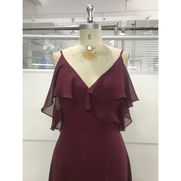 Capucine Wine Chiffon Ruffled V-Neck Gown - Bodice & Neckline Detail