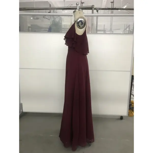 Capucine Wine Chiffon Ruffled V-Neck Gown - Elegant Side Profile View