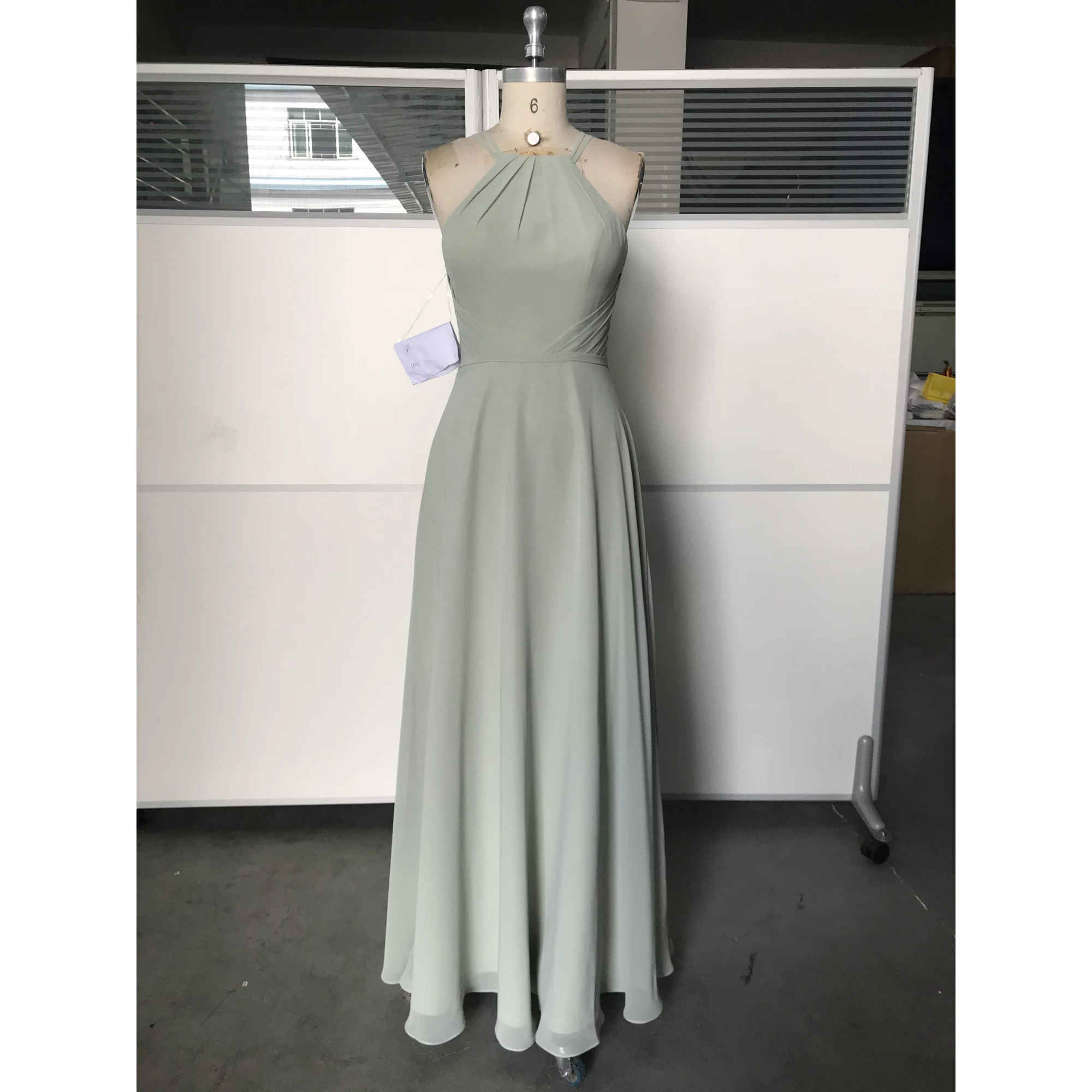 Simone Sage Green Chiffon Halter A-Line Gown in Sage Green