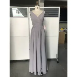 Front view of the Jolanda Silver Chiffon dress featuring a flattering ruched V-neckline, sleeveless design, and flowing A-line skirt in luxurious silver chiffon fabric that creates an elegant, ethereal silhouette.
