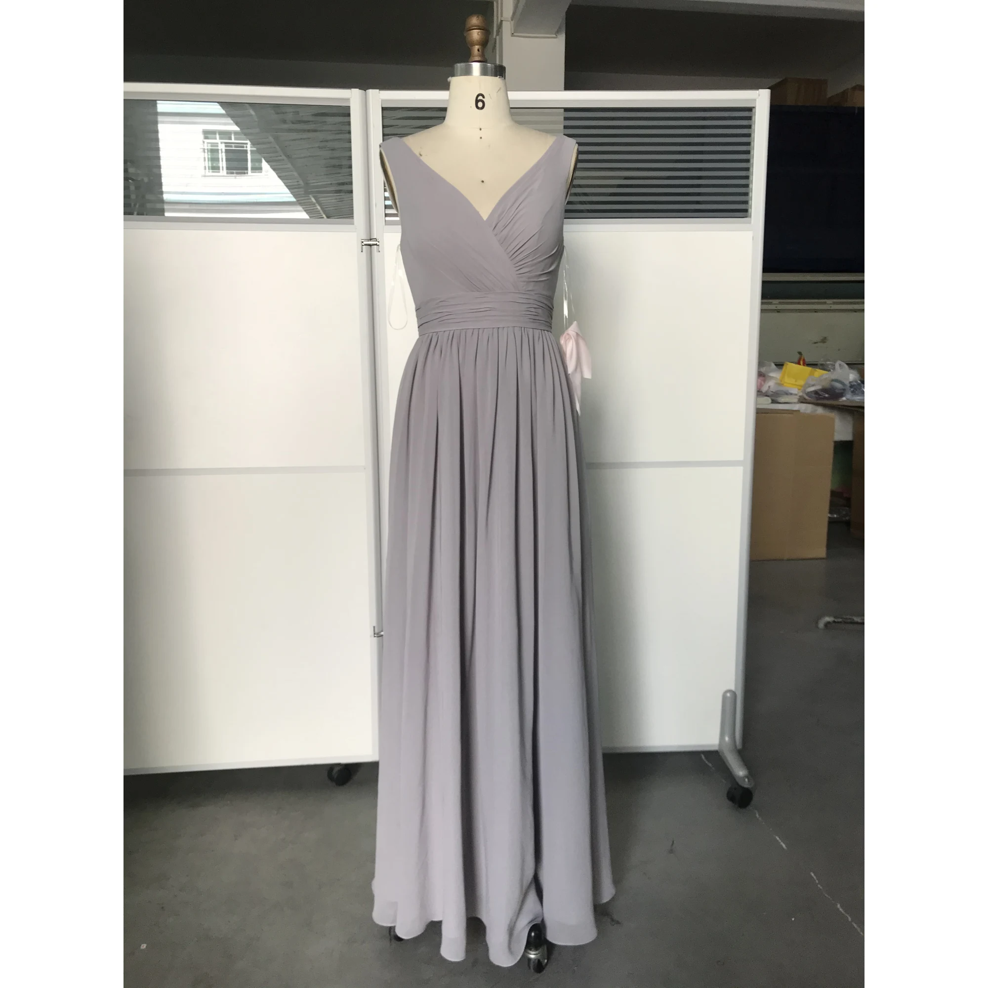 Jolanda Silver Chiffon Ruched V-Neck Evening Gown in Silver