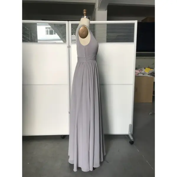 Jolanda Silver Chiffon Ruched V-Neck Evening Gown - Elegant Side Profile View