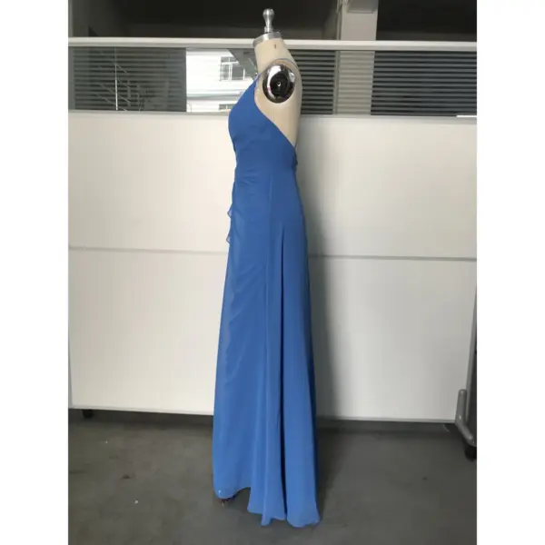 Bianca Ocean Blue Ruched Chiffon Gown - Elegant Side Profile View