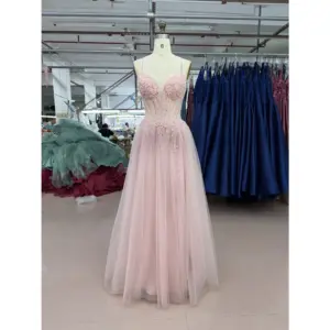 Front view of the Juliette Tulle Embroidered A-Line Gown in pale pink featuring a sweetheart neckline, intricate floral embroidery, lace appliques and sparkling glitter tulle skirt with natural waist and full A-line silhouette