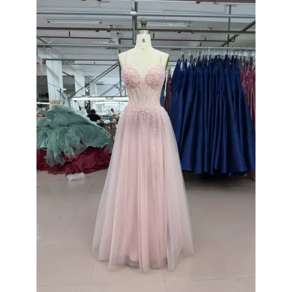 Front view of the Juliette Tulle Embroidered A-Line Gown in pale pink featuring a sweetheart neckline, intricate floral embroidery, lace appliques and sparkling glitter tulle skirt with natural waist and full A-line silhouette