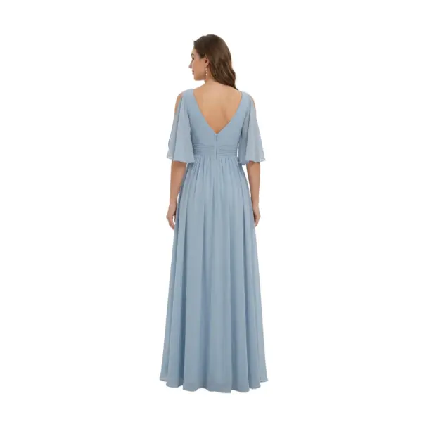 Back view of the Caroline Dusty Blue chiffon gown showcasing a deep V-back with concealed zipper, matching flutter sleeves, and a gracefully pleated A-line skirt that creates beautiful movement and ethereal flow in the soft dusty blue fabric.