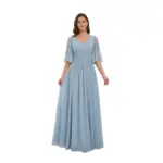 Front view of the Caroline Dusty Blue chiffon gown featuring a flattering V-neckline, delicate cold-shoulder flutter sleeves, ruched bodice with natural waistband, and a flowing pleated A-line skirt in soft dusty blue that drapes elegantly to the floor.