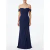 Front view of the Lisa Navy Chiffon Sheath Gown featuring an off-the-shoulder sweetheart neckline with delicate navy lace appliqué straps, ruched bodice and skirt, and a high leg slit that reveals graceful movement.