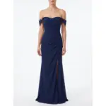 Front view of the Lisa Navy Chiffon Sheath Gown featuring an off-the-shoulder sweetheart neckline with delicate navy lace appliqué straps, ruched bodice and skirt, and a high leg slit that reveals graceful movement.