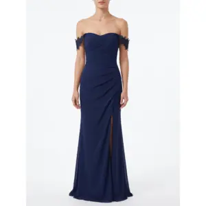 Front view of the Lisa Navy Chiffon Sheath Gown featuring an off-the-shoulder sweetheart neckline with delicate navy lace appliqué straps, ruched bodice and skirt, and a high leg slit that reveals graceful movement.