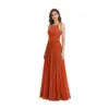 Front view of the Sandra in vibrant Paprika chiffon featuring a flattering halter neckline, fitted bodice, and flowing pleated A-line skirt that creates beautiful movement and drape.