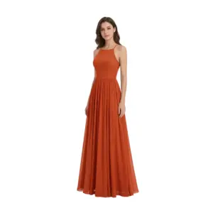 Front view of the Sandra in vibrant Paprika chiffon featuring a flattering halter neckline, fitted bodice, and flowing pleated A-line skirt that creates beautiful movement and drape.