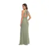 Back view of the Tara Sage Green Chiffon Halter Mermaid Gown showcasing an open back design with delicate tie closure, smooth chiffon drape, and floor-length mermaid silhouette that accentuates the figure.