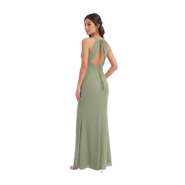 Back view of the Tara Sage Green Chiffon Halter Mermaid Gown showcasing an open back design with delicate tie closure, smooth chiffon drape, and floor-length mermaid silhouette that accentuates the figure.
