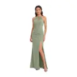 Model wearing the Tara Sage Green Chiffon Halter Mermaid Gown featuring a pleated halter neckline with keyhole cutout, ruched waist, and dramatic high slit that reveals the leg. The flowing sage green chiffon fabric drapes elegantly for a sophisticated look.