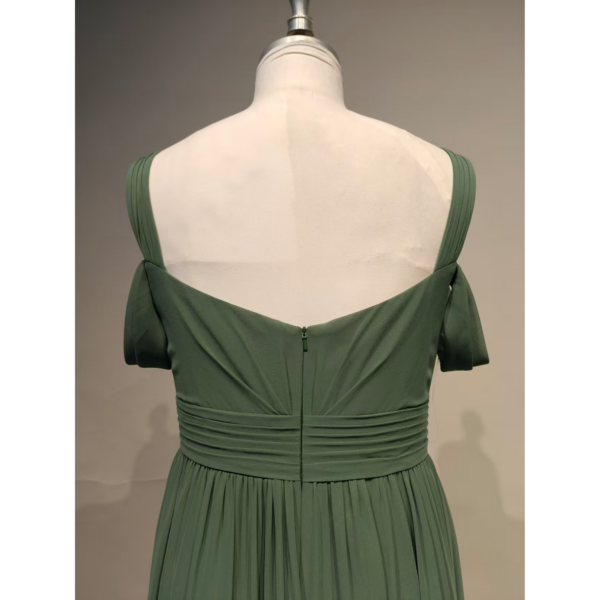 Angela Eucalyptus Chiffon Off-the-Shoulder Ruched Slit Gown - Back Tailoring & Slit Detail