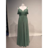 Front view of the Angela Eucalyptus chiffon gown featuring a romantic sweetheart neckline with ruched and pleated bodice, cold shoulder short flutter sleeves, and a flowing A-line skirt with a graceful high slit. The soft eucalyptus green chiffon drapes beautifully for weddings and formal occasions.