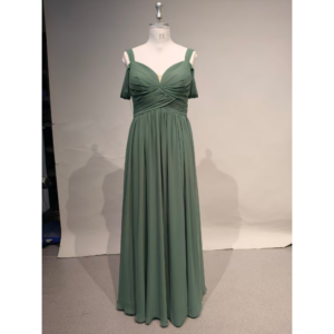 Front view of the Angela Eucalyptus chiffon gown featuring a romantic sweetheart neckline with ruched and pleated bodice, cold shoulder short flutter sleeves, and a flowing A-line skirt with a graceful high slit. The soft eucalyptus green chiffon drapes beautifully for weddings and formal occasions.