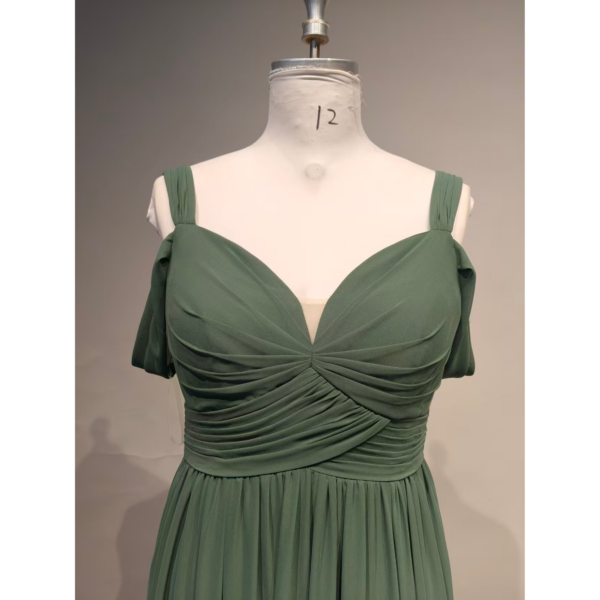 Angela Eucalyptus Chiffon Off-the-Shoulder Ruched Slit Gown - Bodice & Neckline Detail