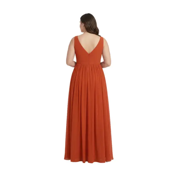 Rear view of the Iolanda Paprika chiffon gown showcasing a deep V-back with concealed zipper, pleated natural waist, and elegant A-line chiffon skirt that drapes beautifully to the floor.
