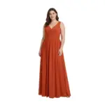 Model wearing the Iolanda Paprika chiffon V-neck A-line gown featuring a flattering surplice bodice with ruching, pleated empire waistband, and flowing floor-length skirt in rich warm paprika hue.