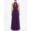 Back view of the Ann Eggplant chiffon A-line gown showcasing an open back with intricate embroidered lace appliqué, sequin details, and a concealed zipper closure on the flowing floor-length skirt.