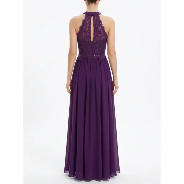 Back view of the Ann Eggplant chiffon A-line gown showcasing an open back with intricate embroidered lace appliqué, sequin details, and a concealed zipper closure on the flowing floor-length skirt.