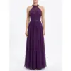 Front view of the Ann Eggplant chiffon A-line gown featuring a sparkling sequined lace appliqué halter neckline with high neck, fitted bodice, and flowing pleated skirt in rich eggplant purple.