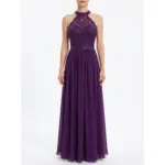 Front view of the Ann Eggplant chiffon A-line gown featuring a sparkling sequined lace appliqué halter neckline with high neck, fitted bodice, and flowing pleated skirt in rich eggplant purple.