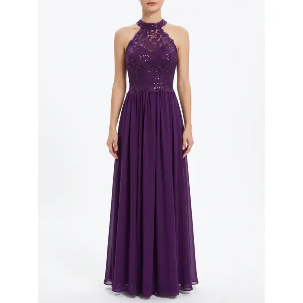Front view of the Ann Eggplant chiffon A-line gown featuring a sparkling sequined lace appliqué halter neckline with high neck, fitted bodice, and flowing pleated skirt in rich eggplant purple.