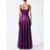 Back view of the Hortense Eggplant Heavy Satin gown showcasing the square back with center zipper closure, pleated corset detailing, and smooth A-line skirt silhouette in luxurious heavy satin fabric.