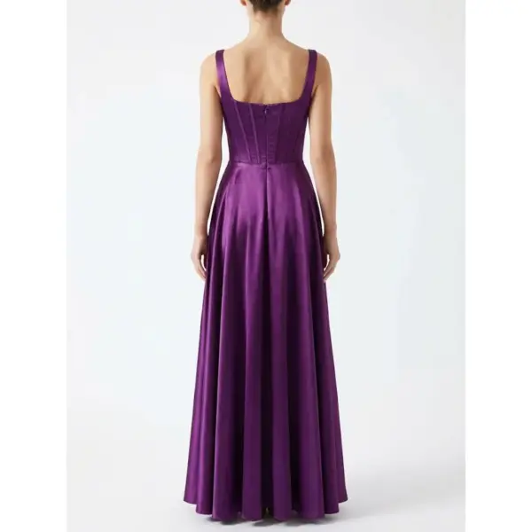 Back view of the Hortense Eggplant Heavy Satin gown showcasing the square back with center zipper closure, pleated corset detailing, and smooth A-line skirt silhouette in luxurious heavy satin fabric.