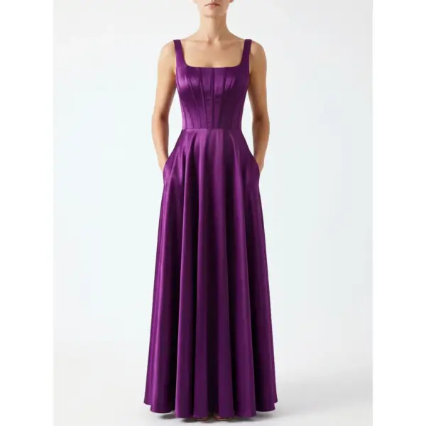 Front view of the Hortense in rich Eggplant Heavy Satin featuring a structured square neckline, pleated corset bodice with internal boning, and a flowing A-line skirt with functional side pockets.