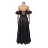 Back view of the Alix Black Stretch Satin Embroidered A-Line Gown showcasing the dramatic lace-up corset back with criss-cross detailing, beaded embroidery appliqué, puff sleeves, and flowing stretch satin A-line skirt.
