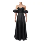 Front view of the Alix Black Stretch Satin Embroidered A-Line Gown featuring a sweetheart off-the-shoulder neckline with dramatic puff sleeves, intricate black beaded and embroidered appliqué bodice, and fluid stretch satin skirt with subtle center slit.