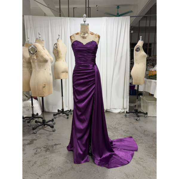 Laurence Eggplant Stretch Satin Ruched Mermaid Gown - Craftsmanship Detail 1