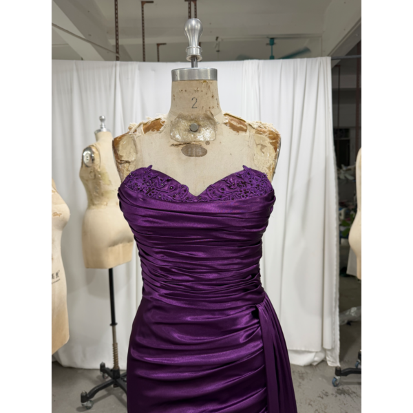 Laurence Eggplant Stretch Satin Ruched Mermaid Gown - Bodice & Neckline Detail