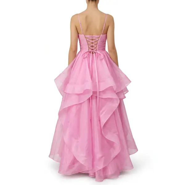 Back view of the Ashley Candy Pink Organza Tiered Ball Gown showcasing an intricate lace-up corset back with delicate crisscross detailing, a feminine bow accent, and the full dramatic sweep of the tiered organza ruffle skirt.