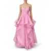 Front view of the Ashley Candy Pink Organza Tiered Ball Gown featuring a flattering ruched V-neck bodice with delicate spaghetti straps and a voluminous multi-tiered ruffled skirt that cascades in dreamy layers of lightweight organza fabric.