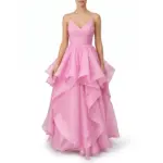Front view of the Ashley Candy Pink Organza Tiered Ball Gown featuring a flattering ruched V-neck bodice with delicate spaghetti straps and a voluminous multi-tiered ruffled skirt that cascades in dreamy layers of lightweight organza fabric.