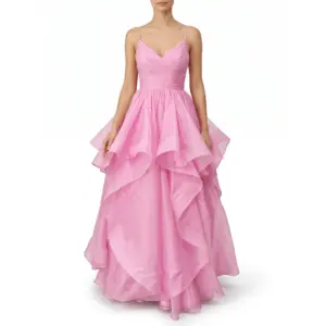 Front view of the Ashley Candy Pink Organza Tiered Ball Gown featuring a flattering ruched V-neck bodice with delicate spaghetti straps and a voluminous multi-tiered ruffled skirt that cascades in dreamy layers of lightweight organza fabric.