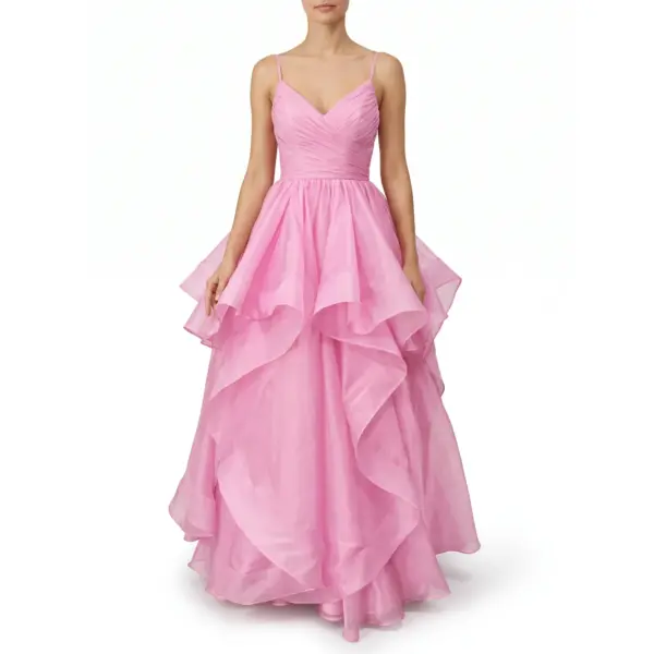 Front view of the Ashley Candy Pink Organza Tiered Ball Gown featuring a flattering ruched V-neck bodice with delicate spaghetti straps and a voluminous multi-tiered ruffled skirt that cascades in dreamy layers of lightweight organza fabric.